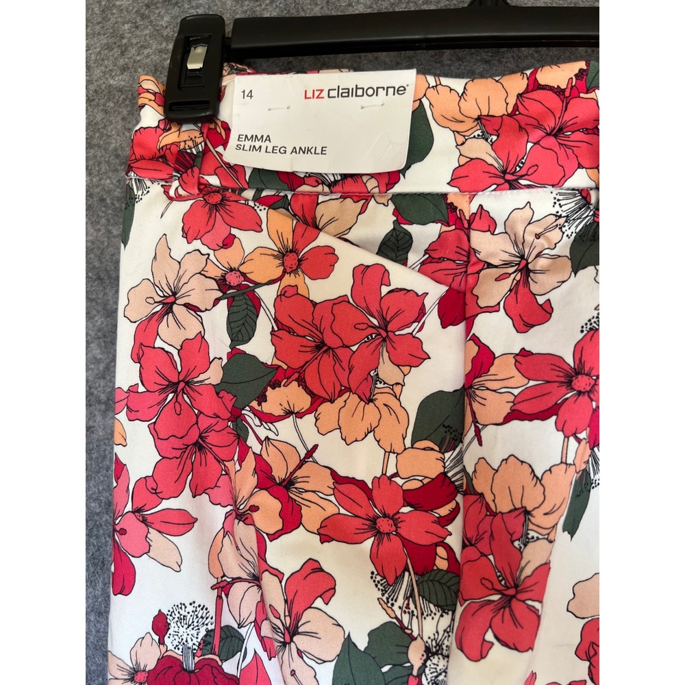 LIZ CLAIBORNE Emma Slim Leg Ankle Pants 14 White Floral Pink Orange Stretch NWT - Picture 4 of 16